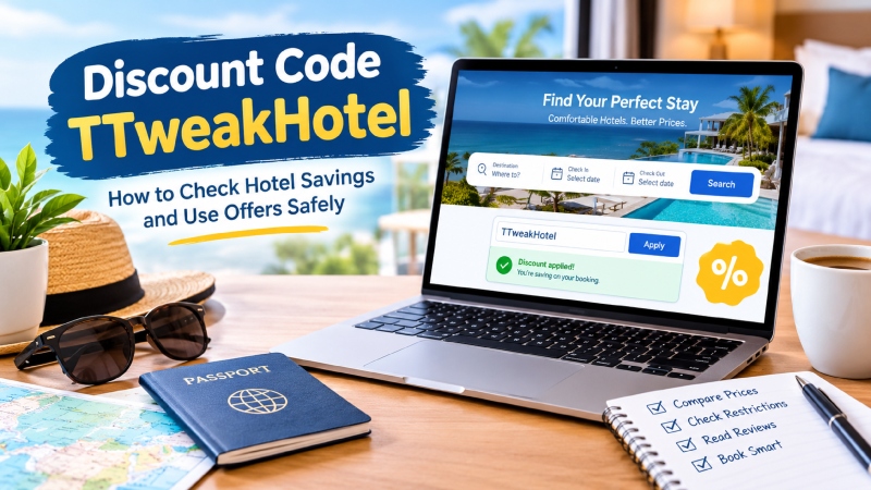 Traveler checking a hotel discount code and booking price online